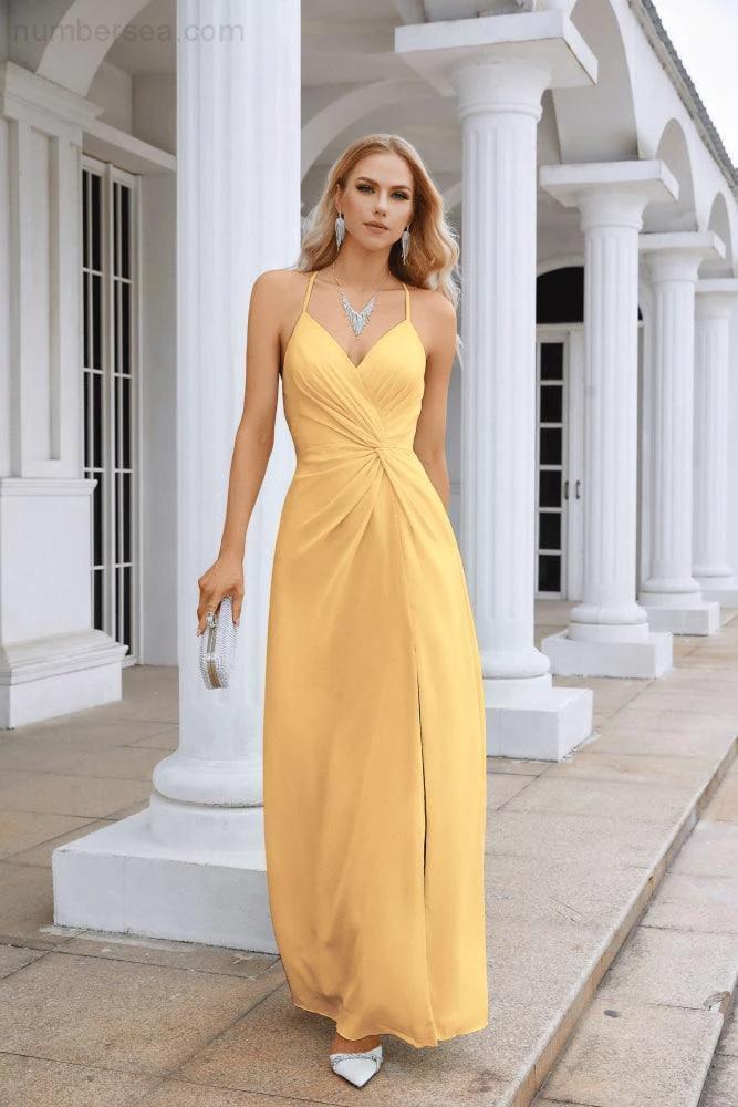Ladies Chiffon Spaghetti Strap V Neck Front Slit Floor Length Bridesmaid Evening Dress Prom Party Wedding Evening Dress 28116 - Image 100