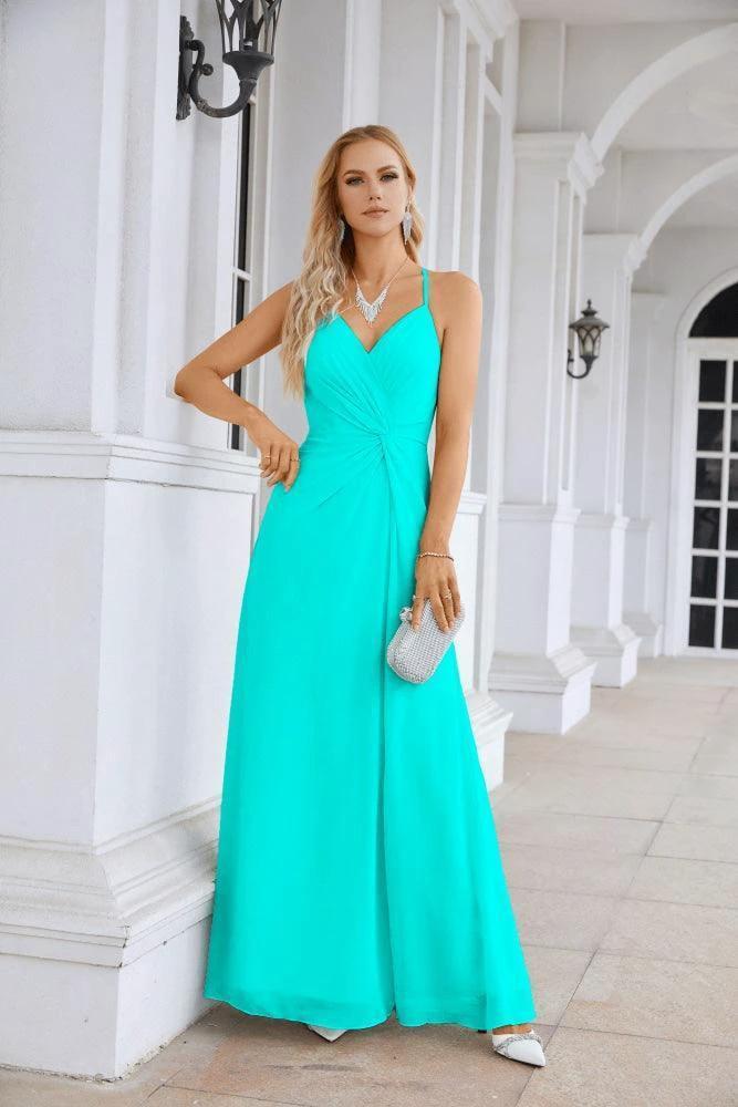 Ladies Chiffon Spaghetti Strap V Neck Front Slit Floor Length Bridesmaid Evening Dress Prom Party Wedding Evening Dress 28116 - Image 101