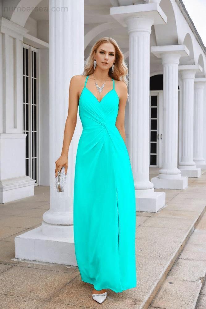Ladies Chiffon Spaghetti Strap V Neck Front Slit Floor Length Bridesmaid Evening Dress Prom Party Wedding Evening Dress 28116 - Image 103
