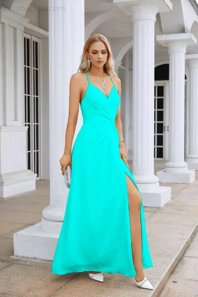 Ladies Chiffon Spaghetti Strap V Neck Front Slit Floor Length Bridesmaid Evening Dress Prom Party Wedding Evening Dress 28116 - Image 104