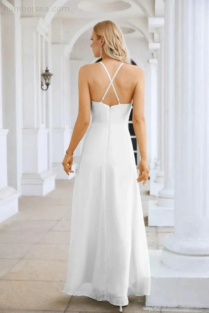 Ladies Chiffon Spaghetti Strap V Neck Front Slit Floor Length Bridesmaid Evening Dress Prom Party Wedding Evening Dress 28116 - Image 106