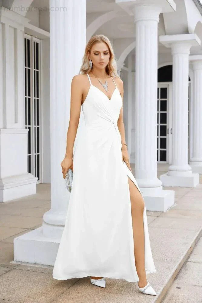 Ladies Chiffon Spaghetti Strap V Neck Front Slit Floor Length Bridesmaid Evening Dress Prom Party Wedding Evening Dress 28116 - Image 107