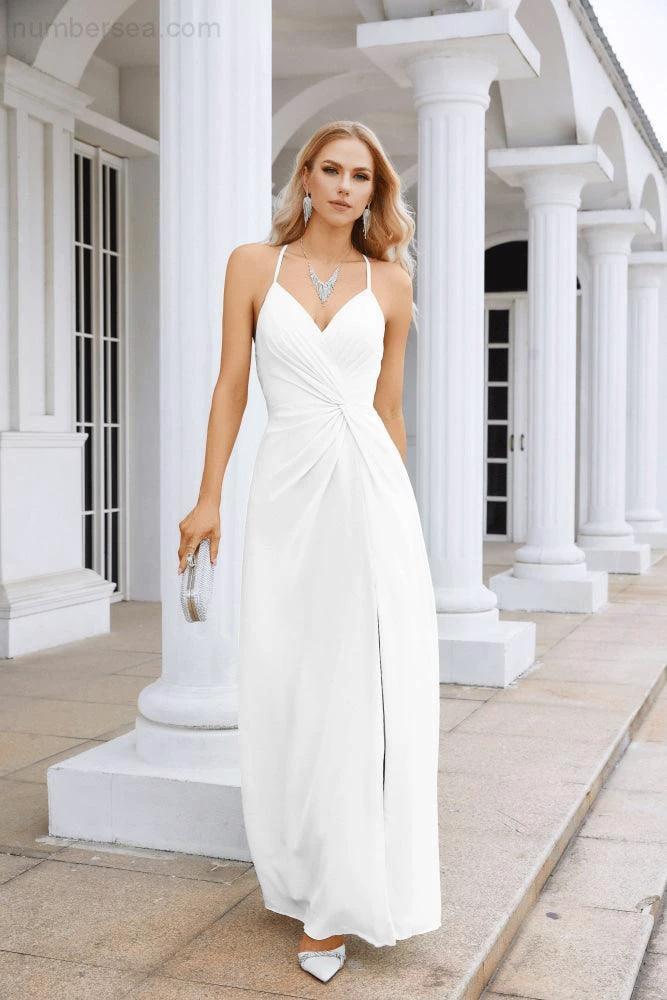Ladies Chiffon Spaghetti Strap V Neck Front Slit Floor Length Bridesmaid Evening Dress Prom Party Wedding Evening Dress 28116 - Image 108