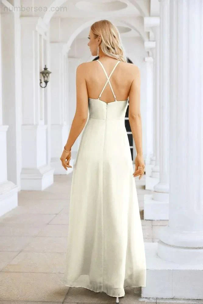 Ladies Chiffon Spaghetti Strap V Neck Front Slit Floor Length Bridesmaid Evening Dress Prom Party Wedding Evening Dress 28116 - Image 110