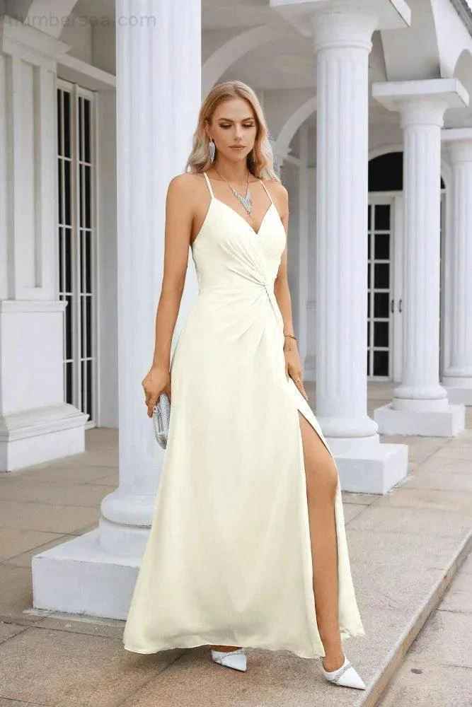 Ladies Chiffon Spaghetti Strap V Neck Front Slit Floor Length Bridesmaid Evening Dress Prom Party Wedding Evening Dress 28116 - Image 111