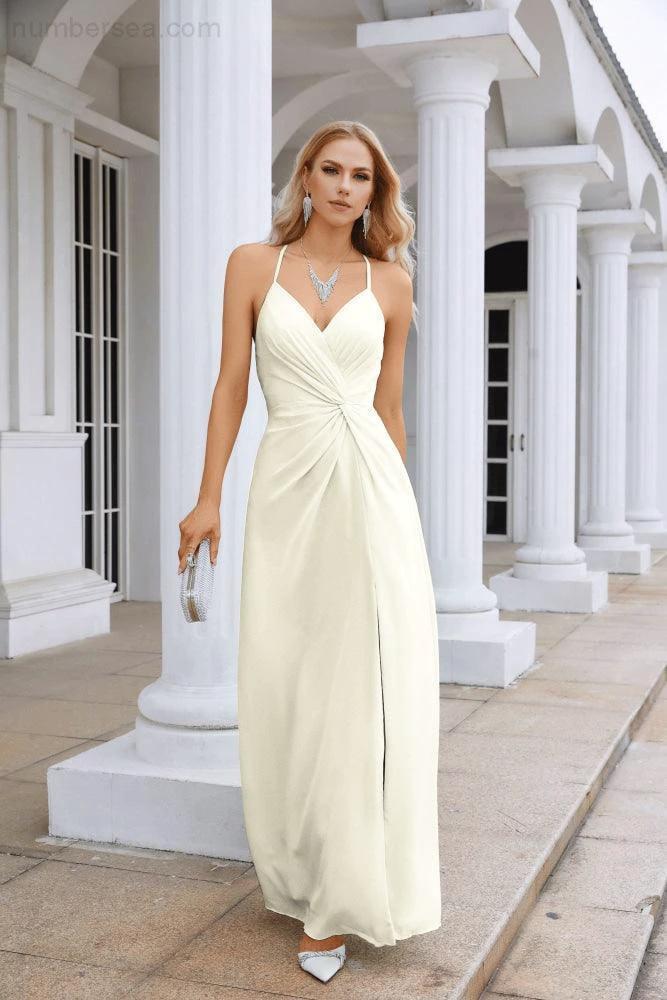 Ladies Chiffon Spaghetti Strap V Neck Front Slit Floor Length Bridesmaid Evening Dress Prom Party Wedding Evening Dress 28116 - Image 112