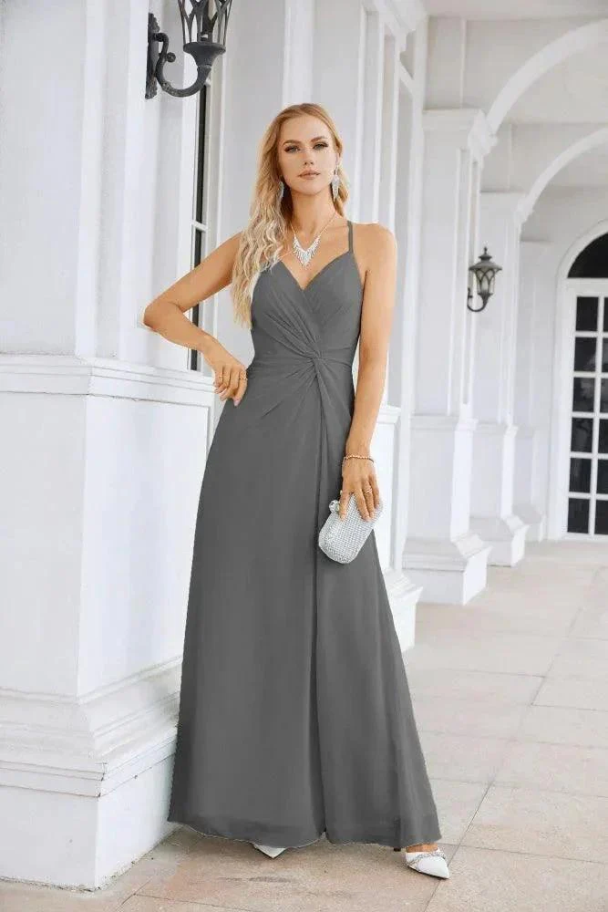 Ladies Chiffon Spaghetti Strap V Neck Front Slit Floor Length Bridesmaid Evening Dress Prom Party Wedding Evening Dress 28116 - Image 113