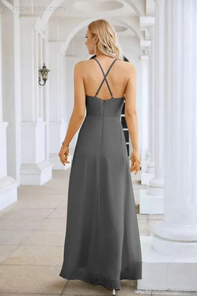 Ladies Chiffon Spaghetti Strap V Neck Front Slit Floor Length Bridesmaid Evening Dress Prom Party Wedding Evening Dress 28116 - Image 114