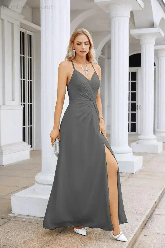 Ladies Chiffon Spaghetti Strap V Neck Front Slit Floor Length Bridesmaid Evening Dress Prom Party Wedding Evening Dress 28116 - Image 115