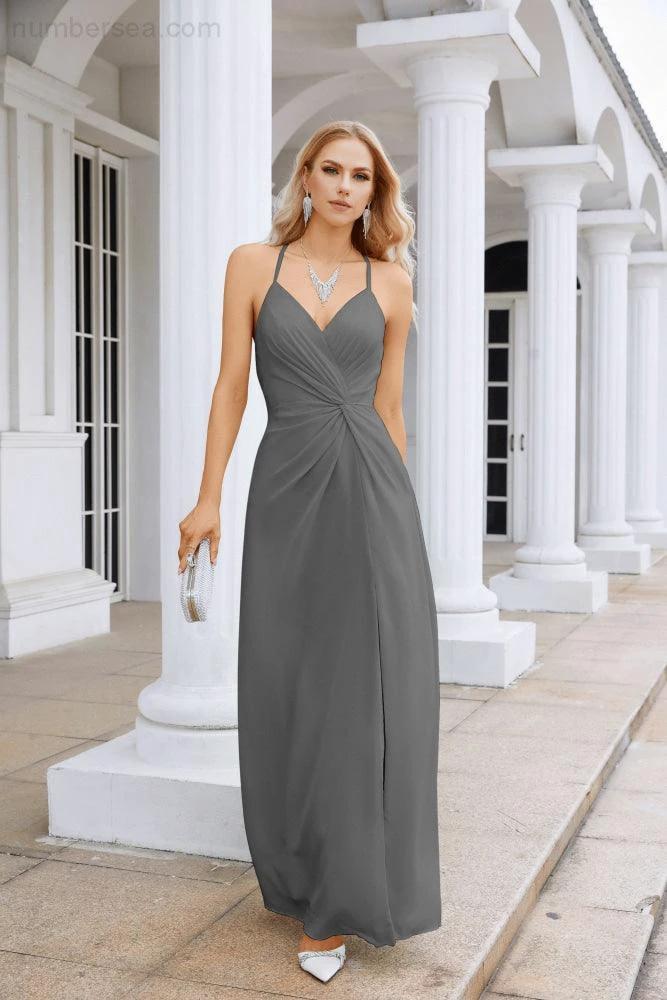 Ladies Chiffon Spaghetti Strap V Neck Front Slit Floor Length Bridesmaid Evening Dress Prom Party Wedding Evening Dress 28116 - Image 116