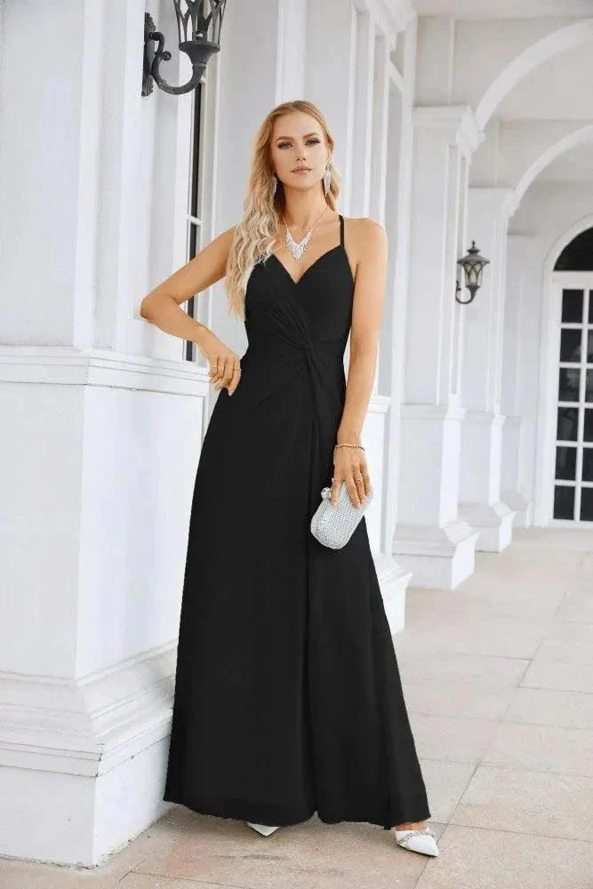 Ladies Chiffon Spaghetti Strap V Neck Front Slit Floor Length Bridesmaid Evening Dress Prom Party Wedding Evening Dress 28116 - Image 117