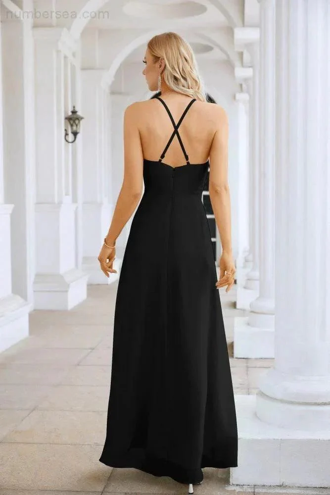 Ladies Chiffon Spaghetti Strap V Neck Front Slit Floor Length Bridesmaid Evening Dress Prom Party Wedding Evening Dress 28116 - Image 118