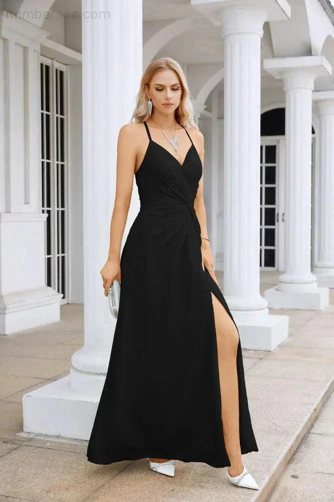 Ladies Chiffon Spaghetti Strap V Neck Front Slit Floor Length Bridesmaid Evening Dress Prom Party Wedding Evening Dress 28116 - Image 119