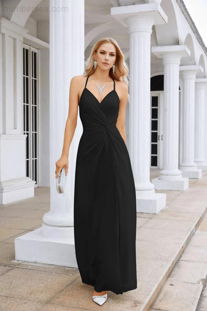 Ladies Chiffon Spaghetti Strap V Neck Front Slit Floor Length Bridesmaid Evening Dress Prom Party Wedding Evening Dress 28116 - Image 120