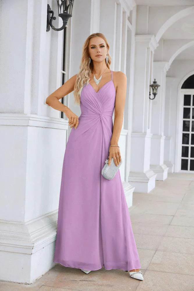 Ladies Chiffon Spaghetti Strap V Neck Front Slit Floor Length Bridesmaid Evening Dress Prom Party Wedding Evening Dress 28116 - Image 121