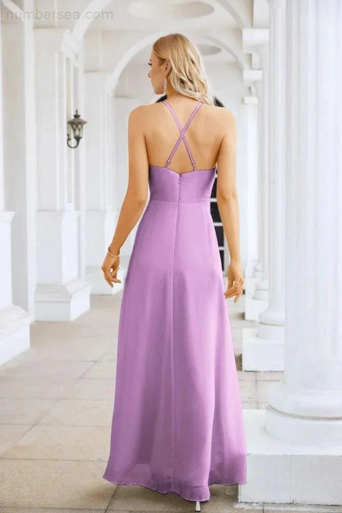 Ladies Chiffon Spaghetti Strap V Neck Front Slit Floor Length Bridesmaid Evening Dress Prom Party Wedding Evening Dress 28116 - Image 122