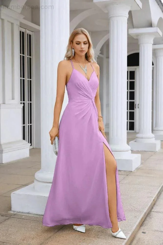 Ladies Chiffon Spaghetti Strap V Neck Front Slit Floor Length Bridesmaid Evening Dress Prom Party Wedding Evening Dress 28116 - Image 123