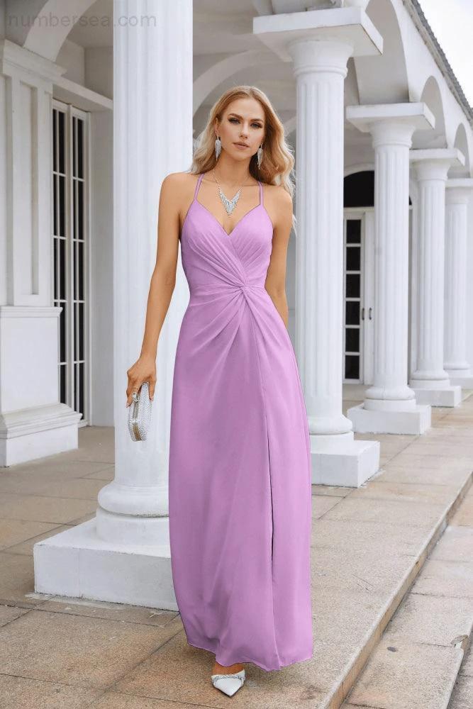 Ladies Chiffon Spaghetti Strap V Neck Front Slit Floor Length Bridesmaid Evening Dress Prom Party Wedding Evening Dress 28116 - Image 124