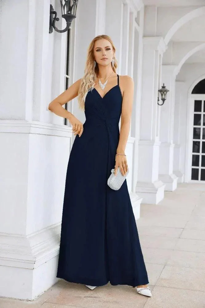 Ladies Chiffon Spaghetti Strap V Neck Front Slit Floor Length Bridesmaid Evening Dress Prom Party Wedding Evening Dress 28116 - Image 125