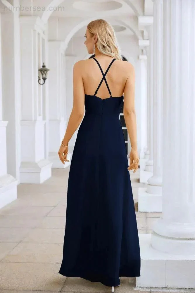 Ladies Chiffon Spaghetti Strap V Neck Front Slit Floor Length Bridesmaid Evening Dress Prom Party Wedding Evening Dress 28116 - Image 126