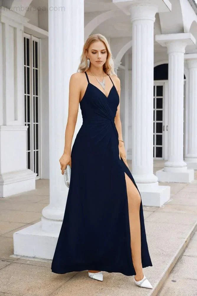 Ladies Chiffon Spaghetti Strap V Neck Front Slit Floor Length Bridesmaid Evening Dress Prom Party Wedding Evening Dress 28116 - Image 127