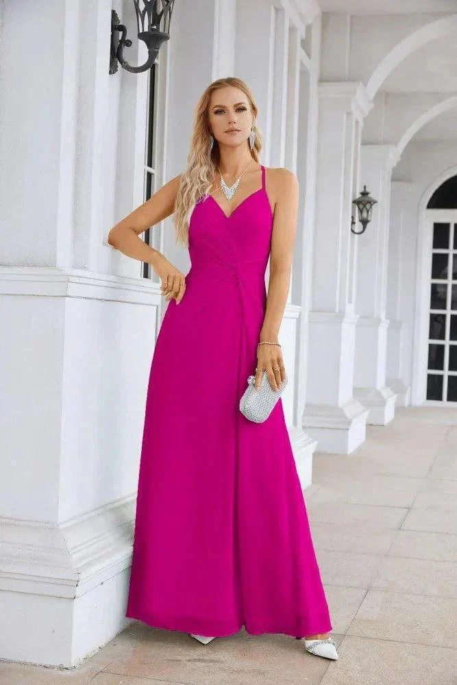 Ladies Chiffon Spaghetti Strap V Neck Front Slit Floor Length Bridesmaid Evening Dress Prom Party Wedding Evening Dress 28116 - Image 129