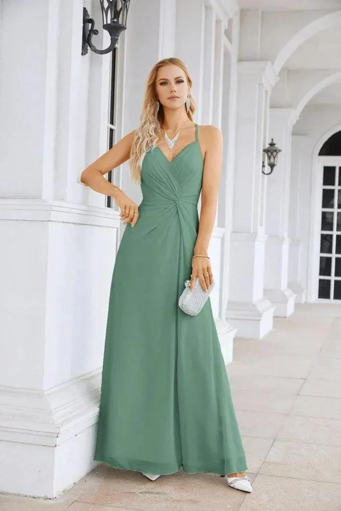 Ladies Chiffon Spaghetti Strap V Neck Front Slit Floor Length Bridesmaid Evening Dress Prom Party Wedding Evening Dress 28116 - Image 13