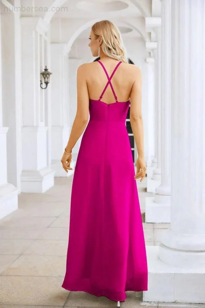 Ladies Chiffon Spaghetti Strap V Neck Front Slit Floor Length Bridesmaid Evening Dress Prom Party Wedding Evening Dress 28116 - Image 130