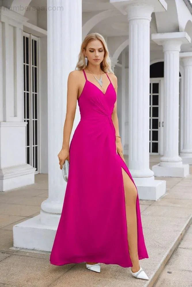 Ladies Chiffon Spaghetti Strap V Neck Front Slit Floor Length Bridesmaid Evening Dress Prom Party Wedding Evening Dress 28116 - Image 131