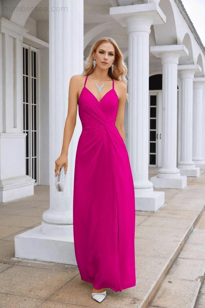 Ladies Chiffon Spaghetti Strap V Neck Front Slit Floor Length Bridesmaid Evening Dress Prom Party Wedding Evening Dress 28116 - Image 132
