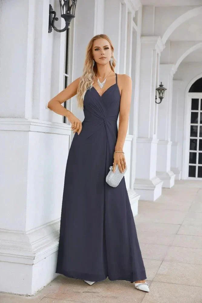 Ladies Chiffon Spaghetti Strap V Neck Front Slit Floor Length Bridesmaid Evening Dress Prom Party Wedding Evening Dress 28116 - Image 133