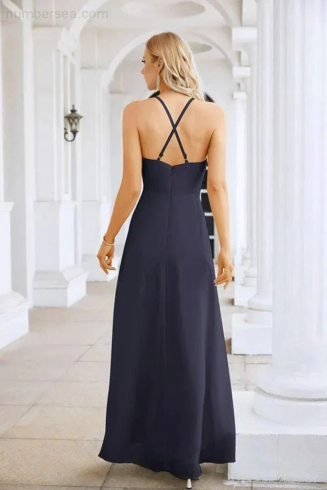 Ladies Chiffon Spaghetti Strap V Neck Front Slit Floor Length Bridesmaid Evening Dress Prom Party Wedding Evening Dress 28116 - Image 134