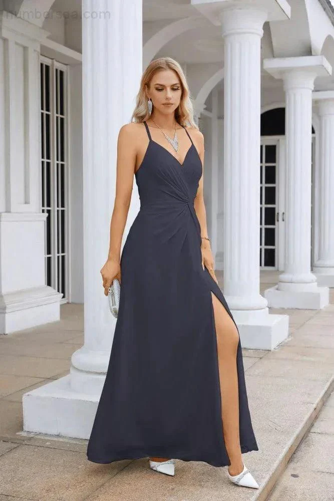 Ladies Chiffon Spaghetti Strap V Neck Front Slit Floor Length Bridesmaid Evening Dress Prom Party Wedding Evening Dress 28116 - Image 135