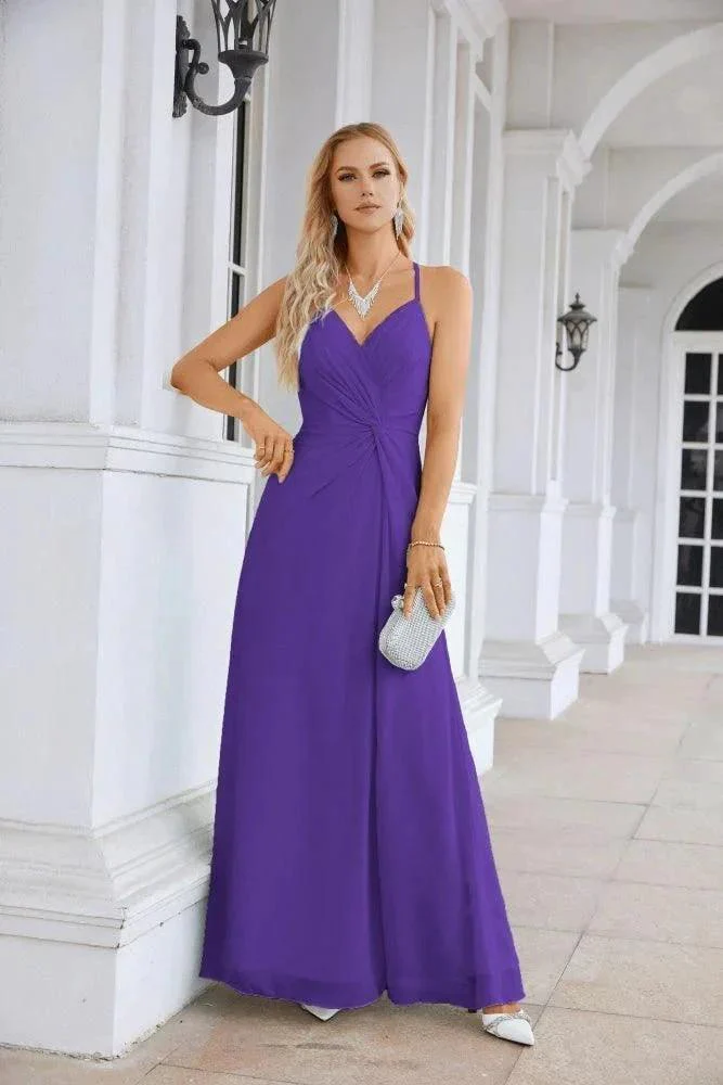 Ladies Chiffon Spaghetti Strap V Neck Front Slit Floor Length Bridesmaid Evening Dress Prom Party Wedding Evening Dress 28116 - Image 137