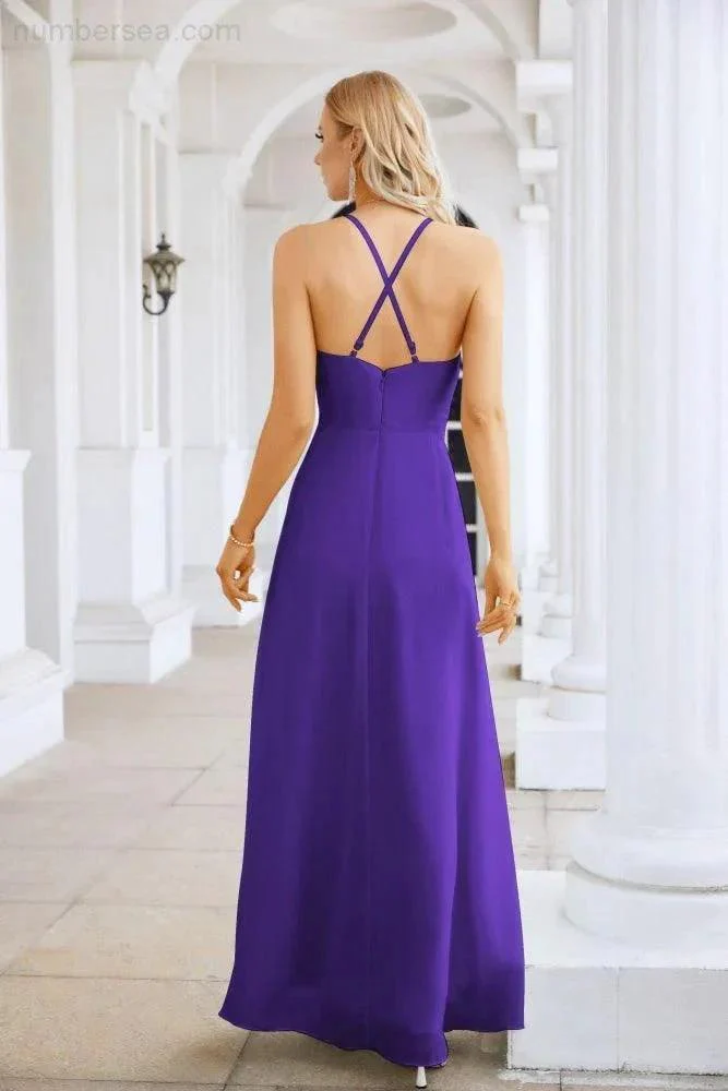 Ladies Chiffon Spaghetti Strap V Neck Front Slit Floor Length Bridesmaid Evening Dress Prom Party Wedding Evening Dress 28116 - Image 138