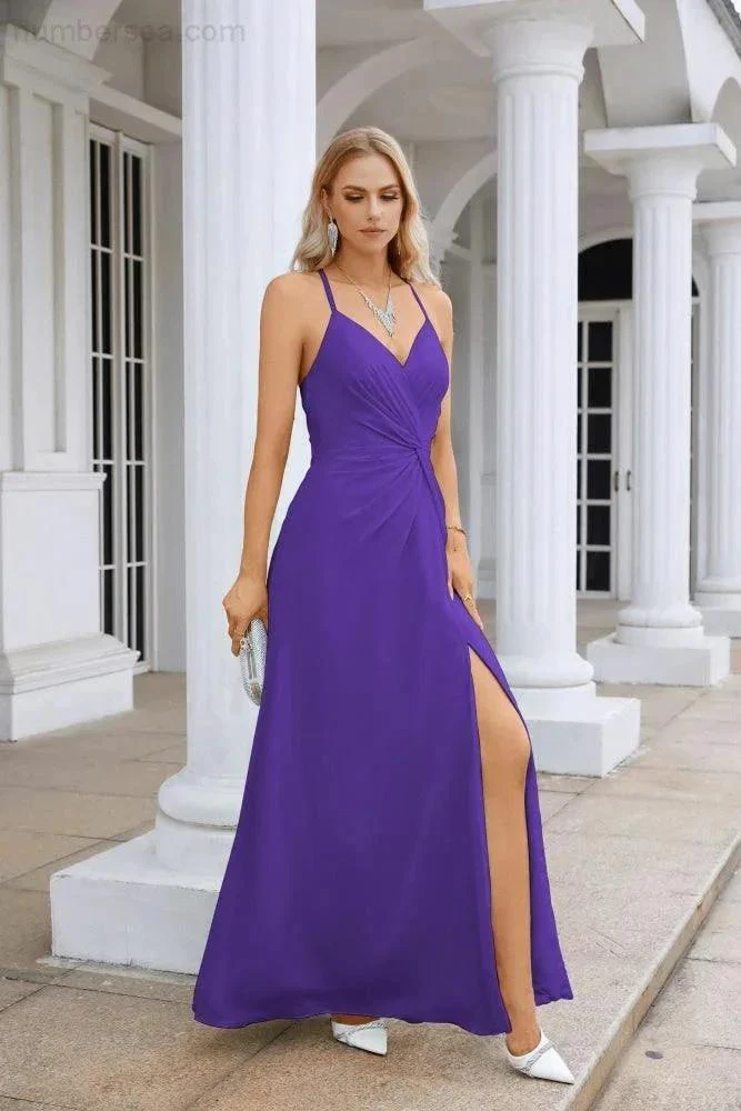 Ladies Chiffon Spaghetti Strap V Neck Front Slit Floor Length Bridesmaid Evening Dress Prom Party Wedding Evening Dress 28116 - Image 139
