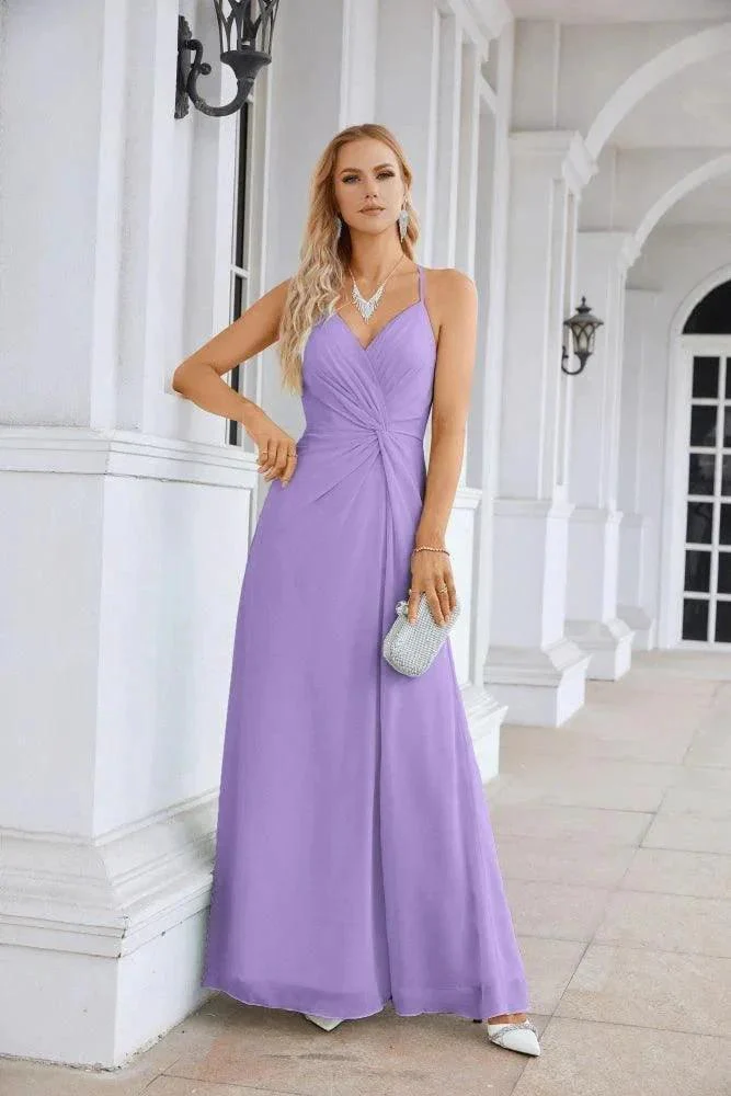 Ladies Chiffon Spaghetti Strap V Neck Front Slit Floor Length Bridesmaid Evening Dress Prom Party Wedding Evening Dress 28116 - Image 141