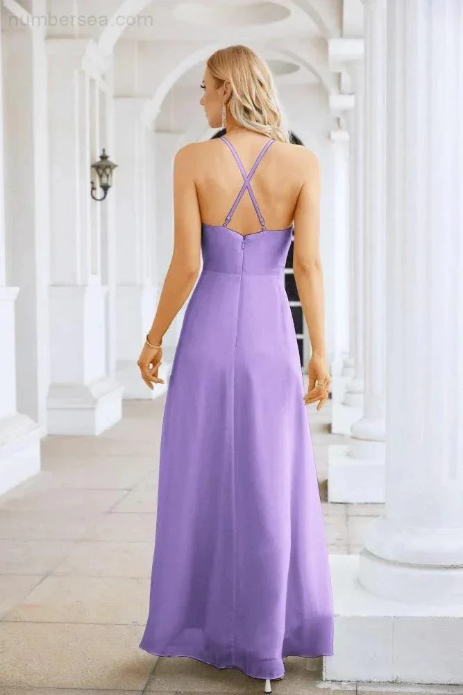 Ladies Chiffon Spaghetti Strap V Neck Front Slit Floor Length Bridesmaid Evening Dress Prom Party Wedding Evening Dress 28116 - Image 142