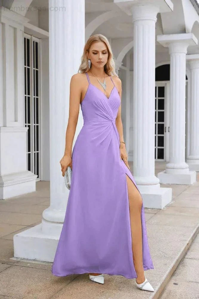 Ladies Chiffon Spaghetti Strap V Neck Front Slit Floor Length Bridesmaid Evening Dress Prom Party Wedding Evening Dress 28116 - Image 143