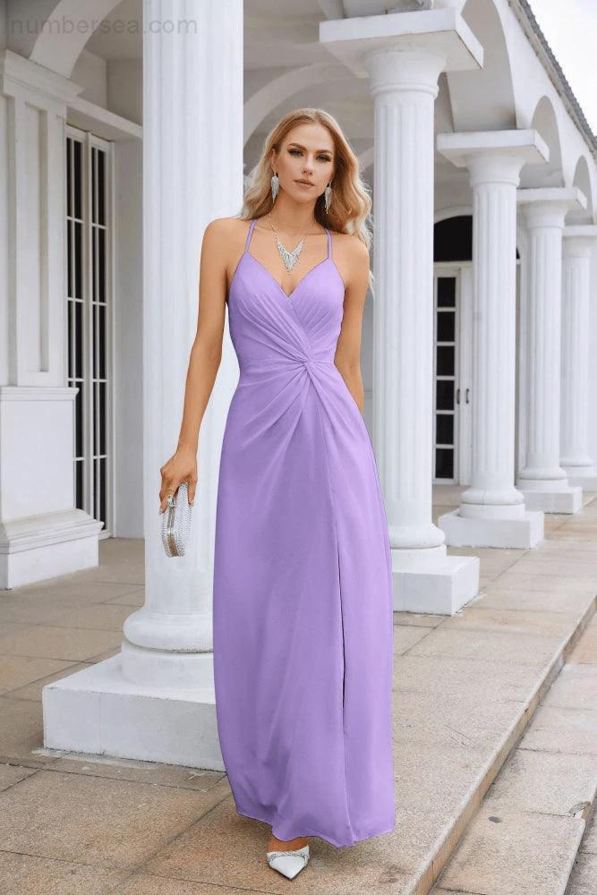 Ladies Chiffon Spaghetti Strap V Neck Front Slit Floor Length Bridesmaid Evening Dress Prom Party Wedding Evening Dress 28116 - Image 144