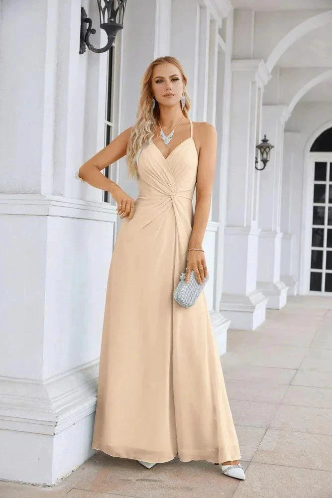 Ladies Chiffon Spaghetti Strap V Neck Front Slit Floor Length Bridesmaid Evening Dress Prom Party Wedding Evening Dress 28116 - Image 145