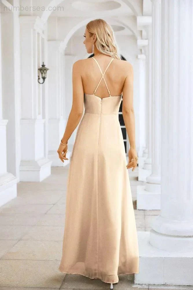 Ladies Chiffon Spaghetti Strap V Neck Front Slit Floor Length Bridesmaid Evening Dress Prom Party Wedding Evening Dress 28116 - Image 146