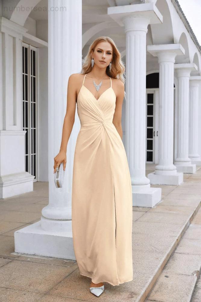 Ladies Chiffon Spaghetti Strap V Neck Front Slit Floor Length Bridesmaid Evening Dress Prom Party Wedding Evening Dress 28116 - Image 148