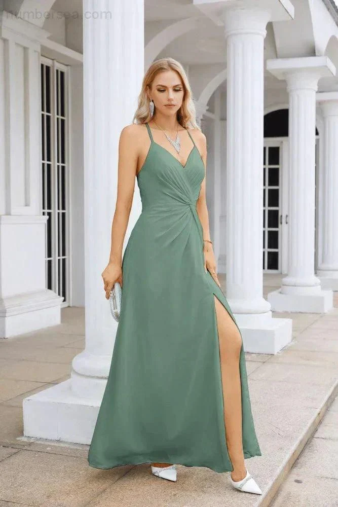 Ladies Chiffon Spaghetti Strap V Neck Front Slit Floor Length Bridesmaid Evening Dress Prom Party Wedding Evening Dress 28116 - Image 15