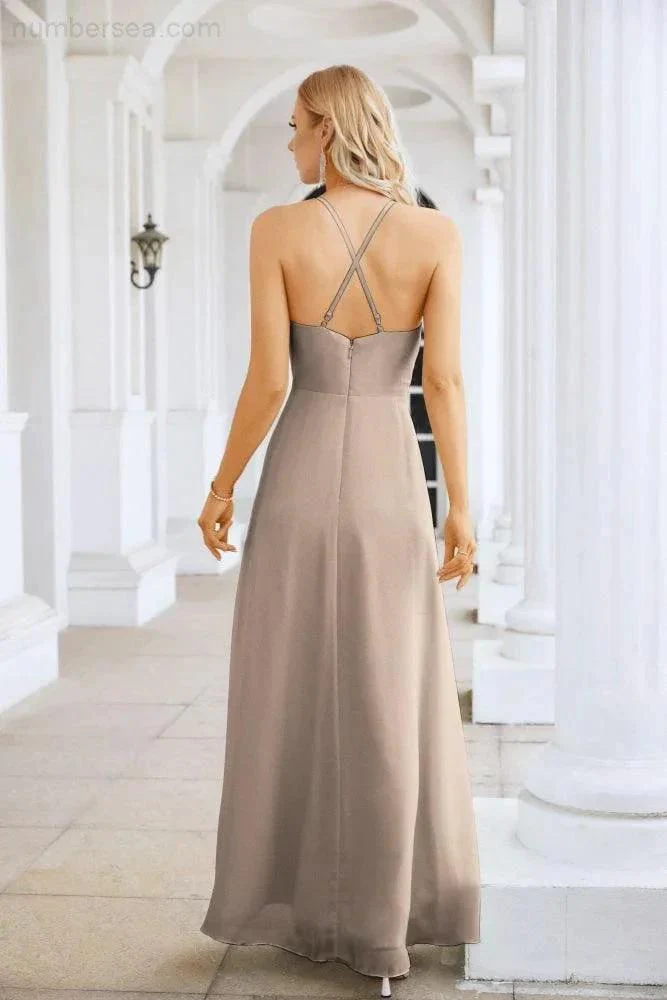 Ladies Chiffon Spaghetti Strap V Neck Front Slit Floor Length Bridesmaid Evening Dress Prom Party Wedding Evening Dress 28116 - Image 150