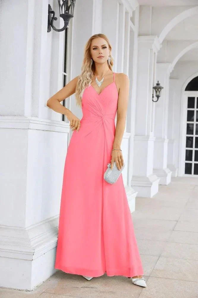 Ladies Chiffon Spaghetti Strap V Neck Front Slit Floor Length Bridesmaid Evening Dress Prom Party Wedding Evening Dress 28116 - Image 153