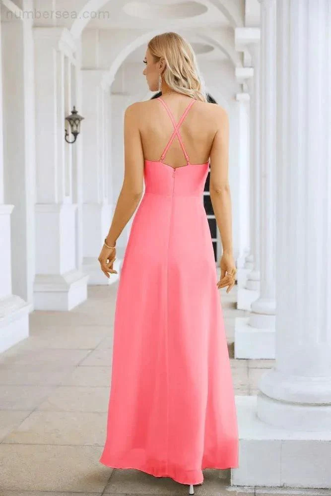 Ladies Chiffon Spaghetti Strap V Neck Front Slit Floor Length Bridesmaid Evening Dress Prom Party Wedding Evening Dress 28116 - Image 154