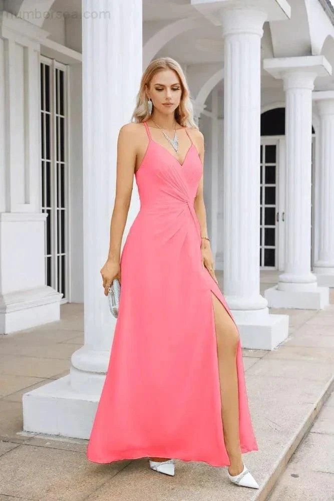 Ladies Chiffon Spaghetti Strap V Neck Front Slit Floor Length Bridesmaid Evening Dress Prom Party Wedding Evening Dress 28116 - Image 155