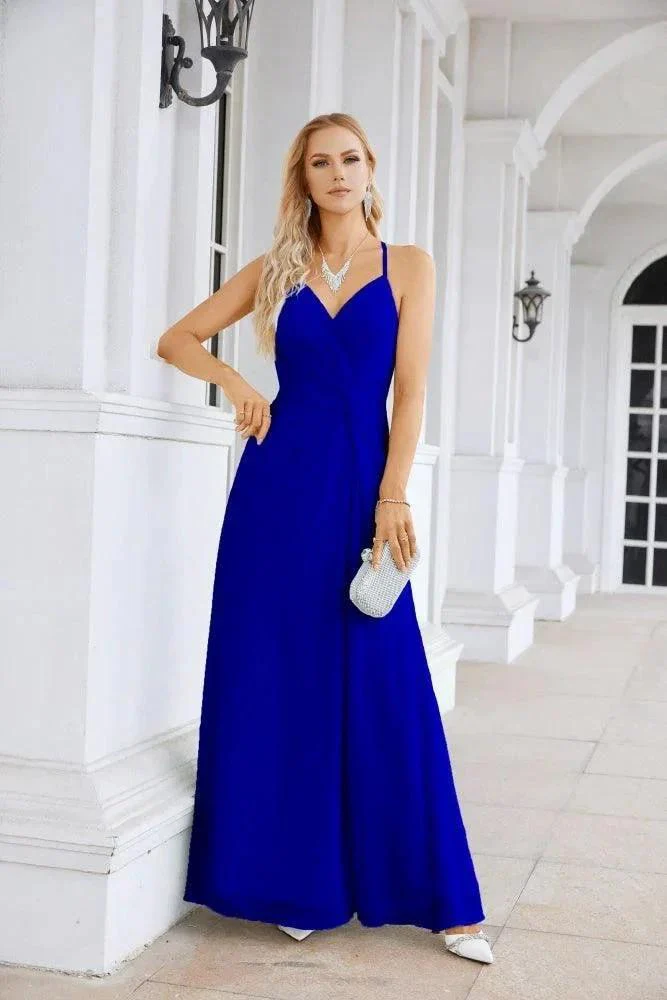 Ladies Chiffon Spaghetti Strap V Neck Front Slit Floor Length Bridesmaid Evening Dress Prom Party Wedding Evening Dress 28116 - Image 157