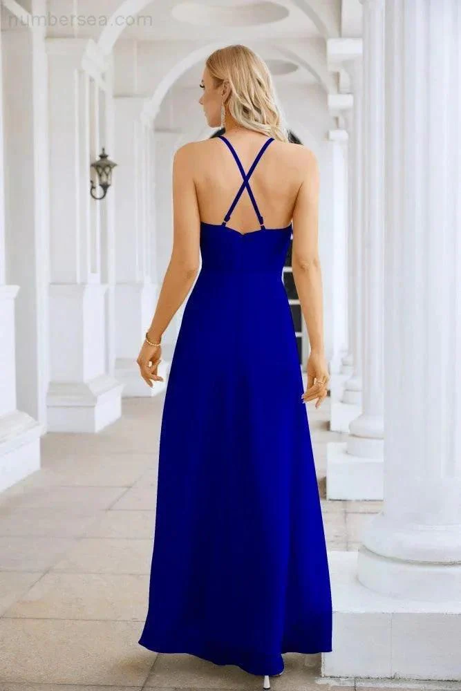 Ladies Chiffon Spaghetti Strap V Neck Front Slit Floor Length Bridesmaid Evening Dress Prom Party Wedding Evening Dress 28116 - Image 158